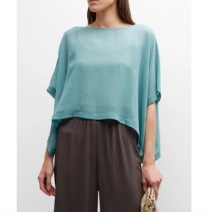 Eileen Fisher Sheer Silk Georgette Bateau Neck Poncho in River Size L/XL NWT
